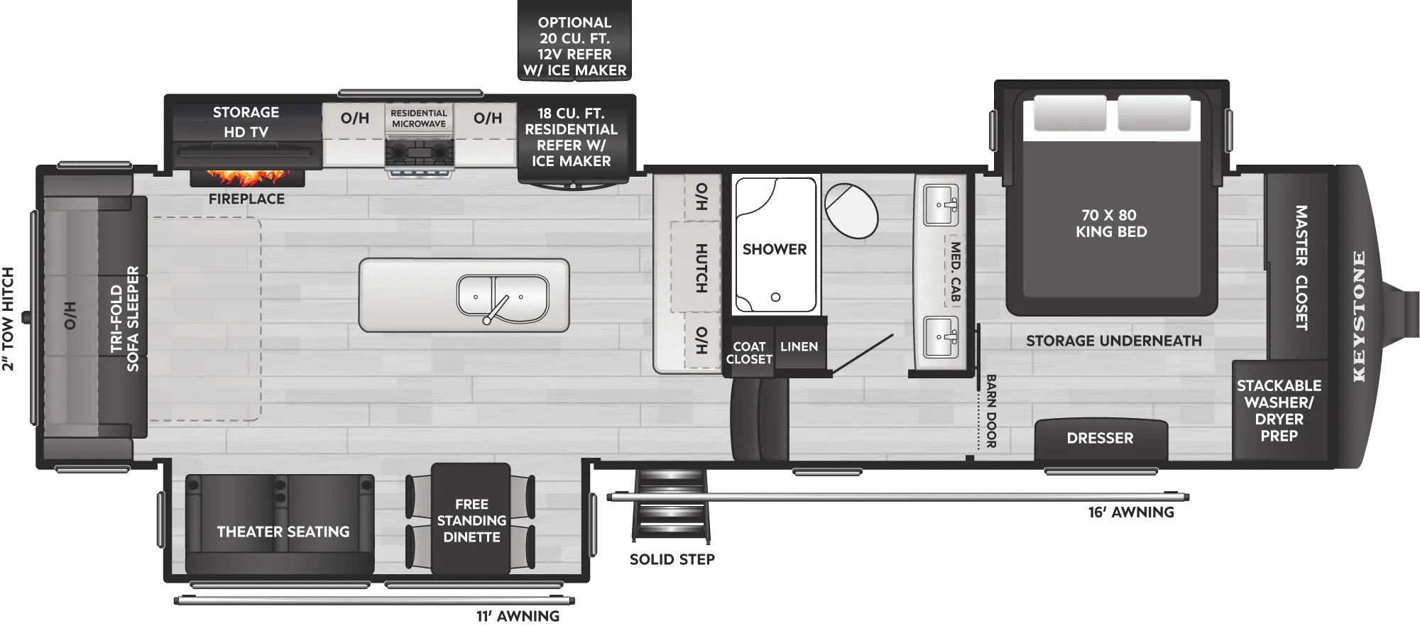 2027 Keystone Alpine Avalanche Edition 321RL floor plan diagram — Rear Living, sleeps 4