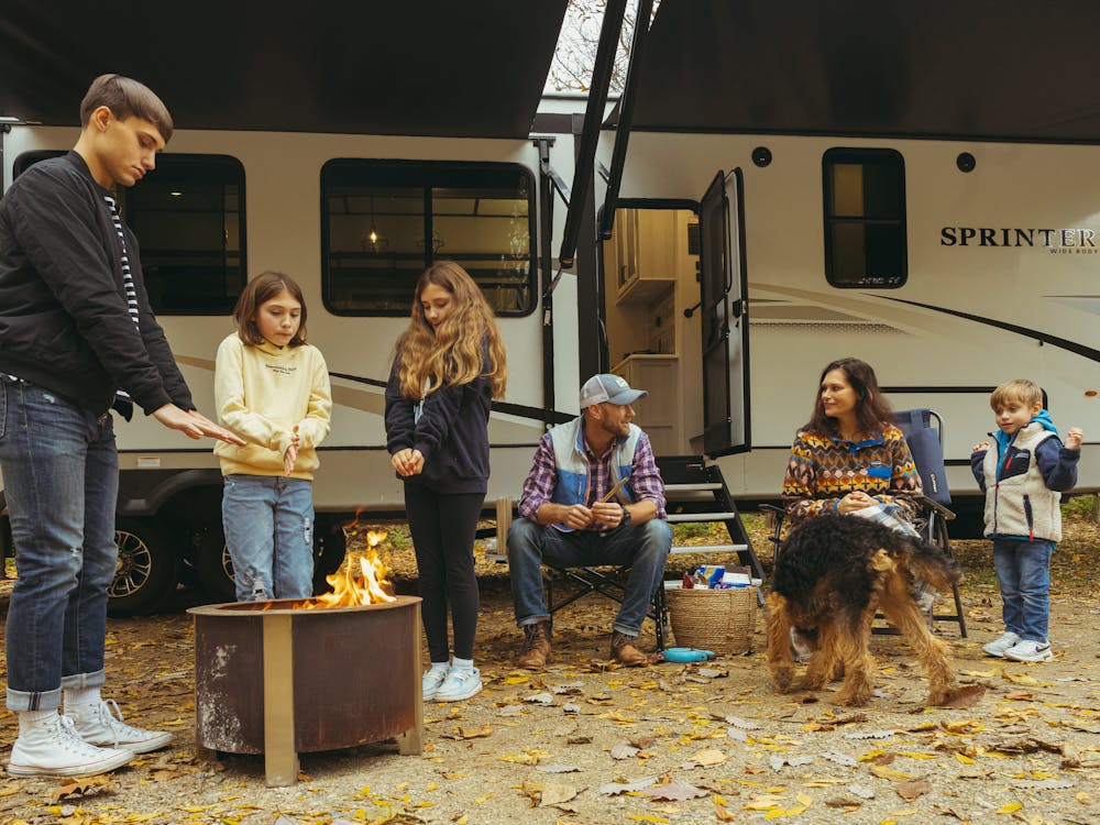 Family camping in colder weather