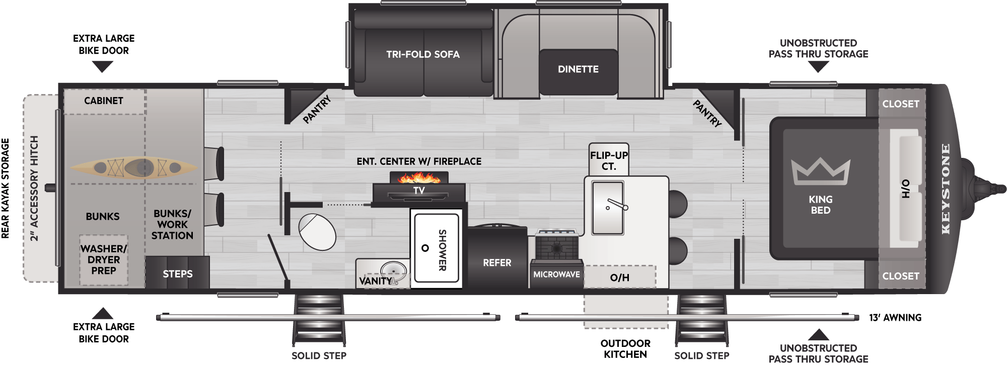 2027 Keystone Bullet Crossfire 331WFA floor plan diagram — Bunk House, sleeps 8