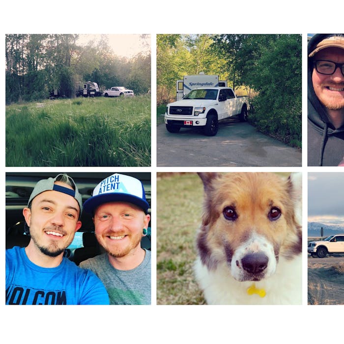 collage of a couple and their Springdale travel trailer