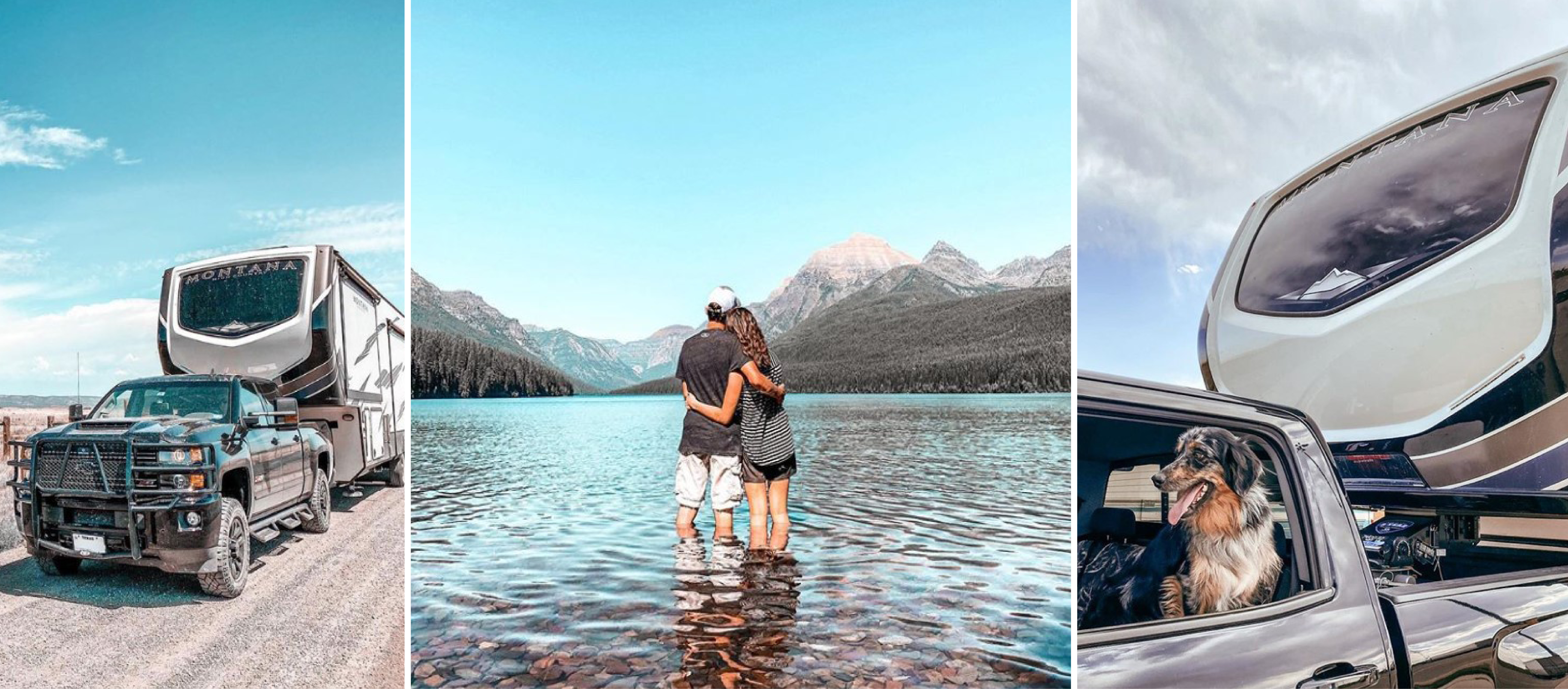 Pick up truck pulling a Keystone Montana fifth wheel on the left. Janae and Tucker standing in a mountain lake on the right.