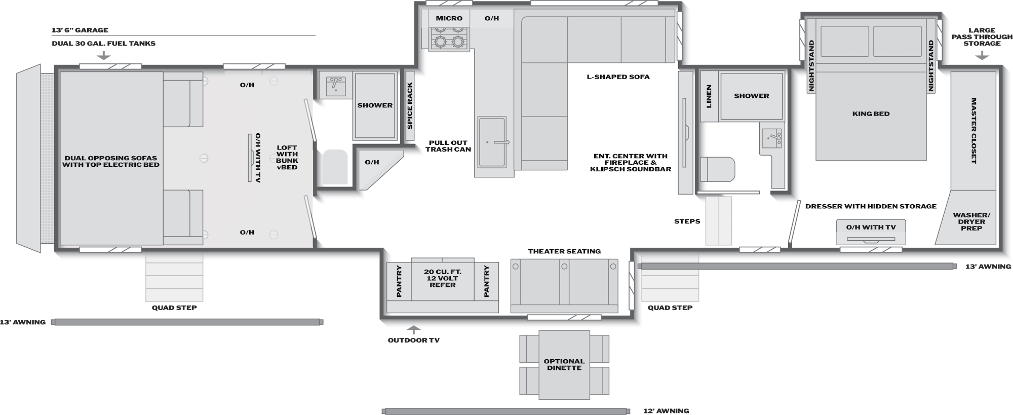 2027 Keystone Fuzion 432 floor plan diagram — Toy Hauler, sleeps 8