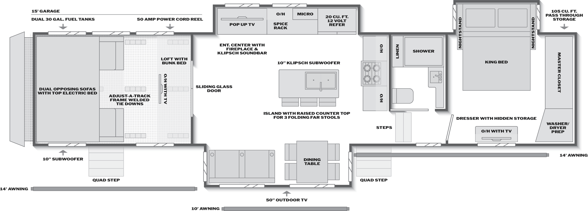 2027 Keystone Raptor 430 floor plan diagram — Toy Hauler, sleeps 8