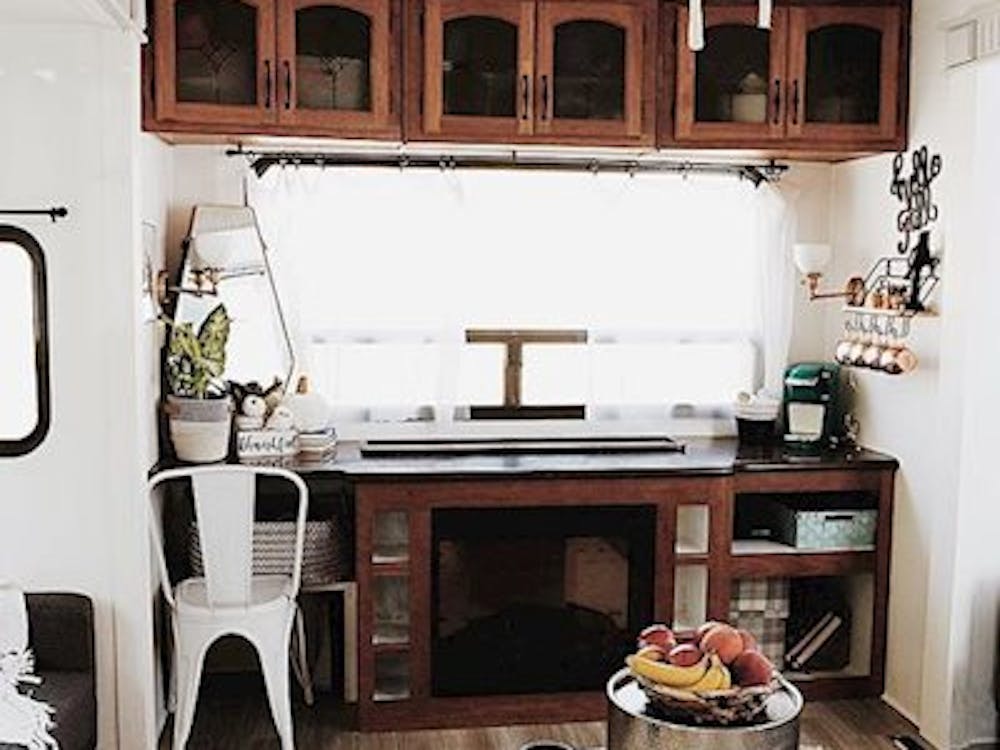 Interior of remodeled fifth wheel. Desk area.