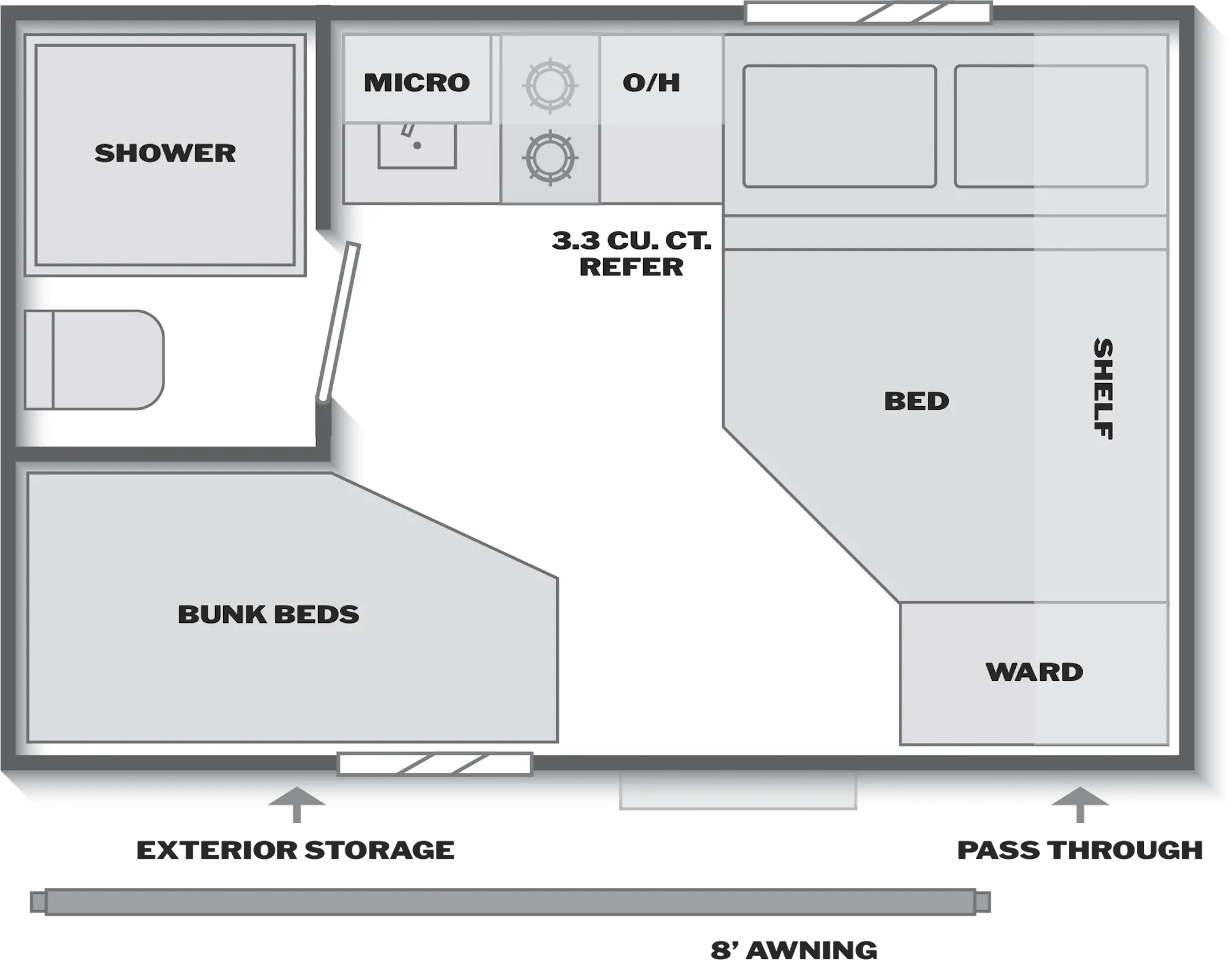 2026 Keystone Hideout Mini 123BB floor plan diagram — Bunk House, sleeps 4