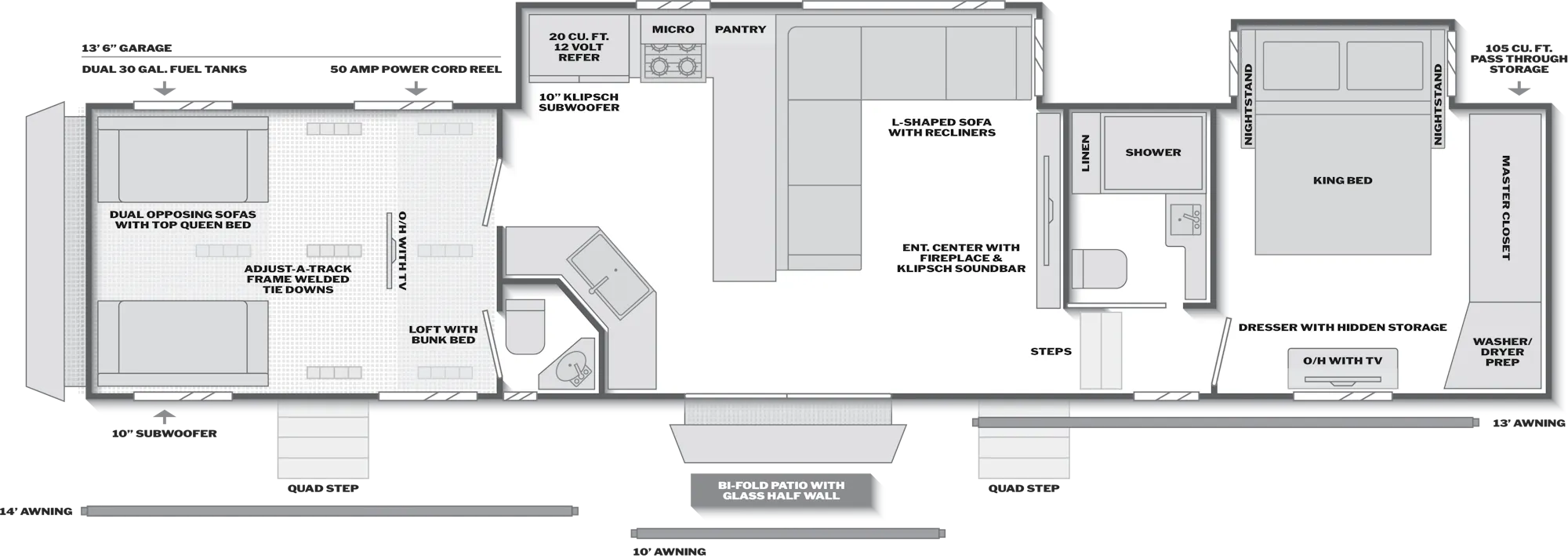 2027 Keystone Raptor 444 floor plan diagram — Toy Hauler, sleeps 7