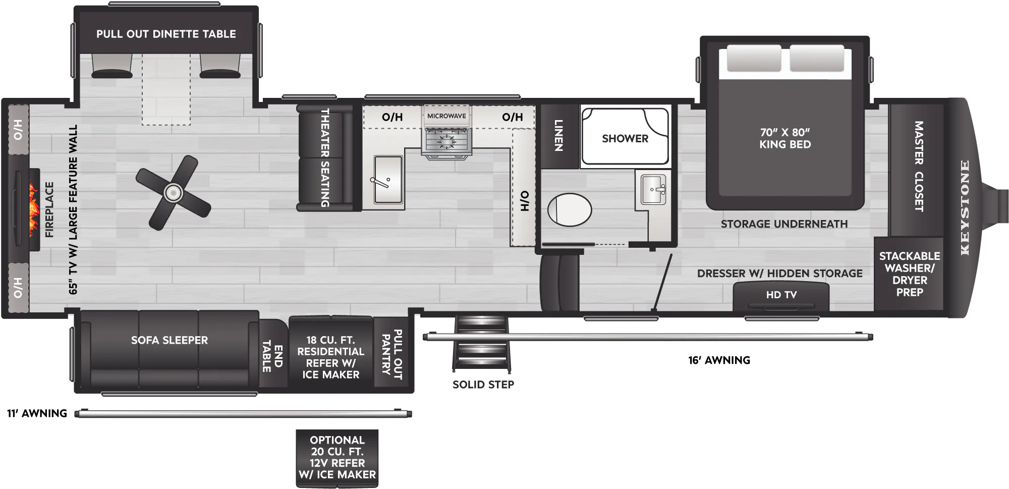 2027 Keystone Alpine 3100RE floor plan diagram — Rear Living, sleeps 4