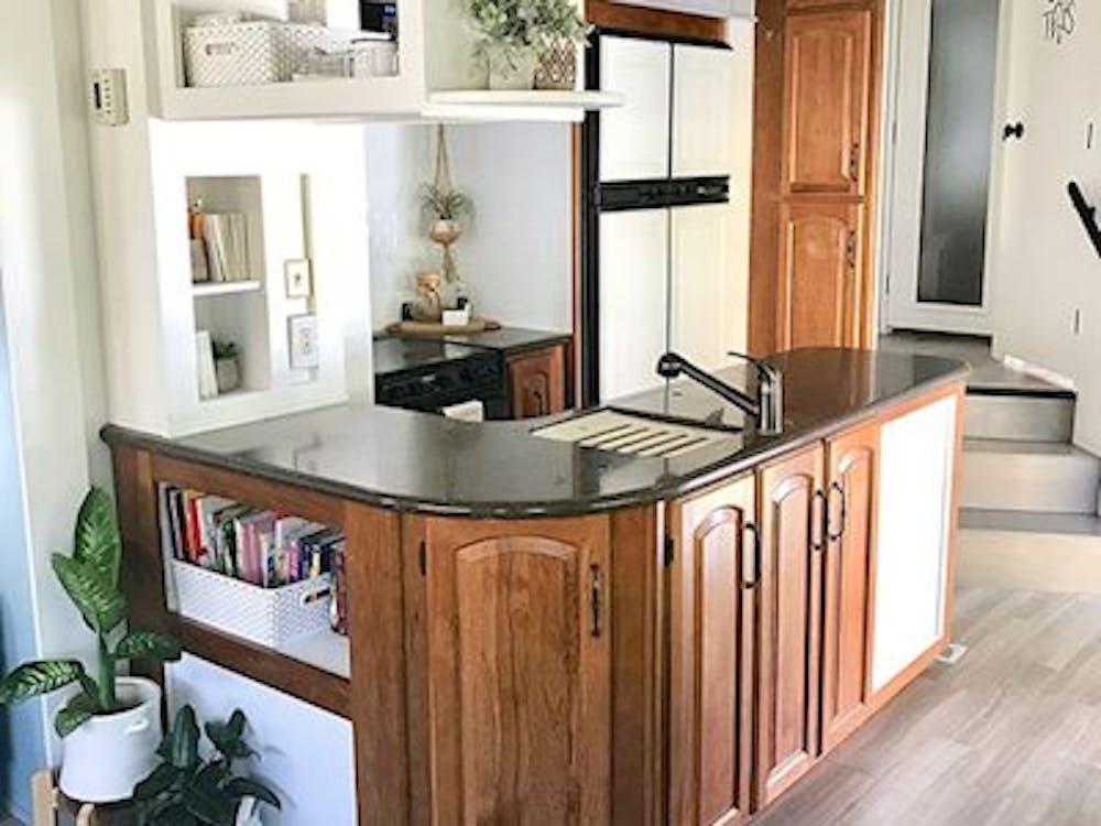 Remodeled kitchen area of fifth wheel
