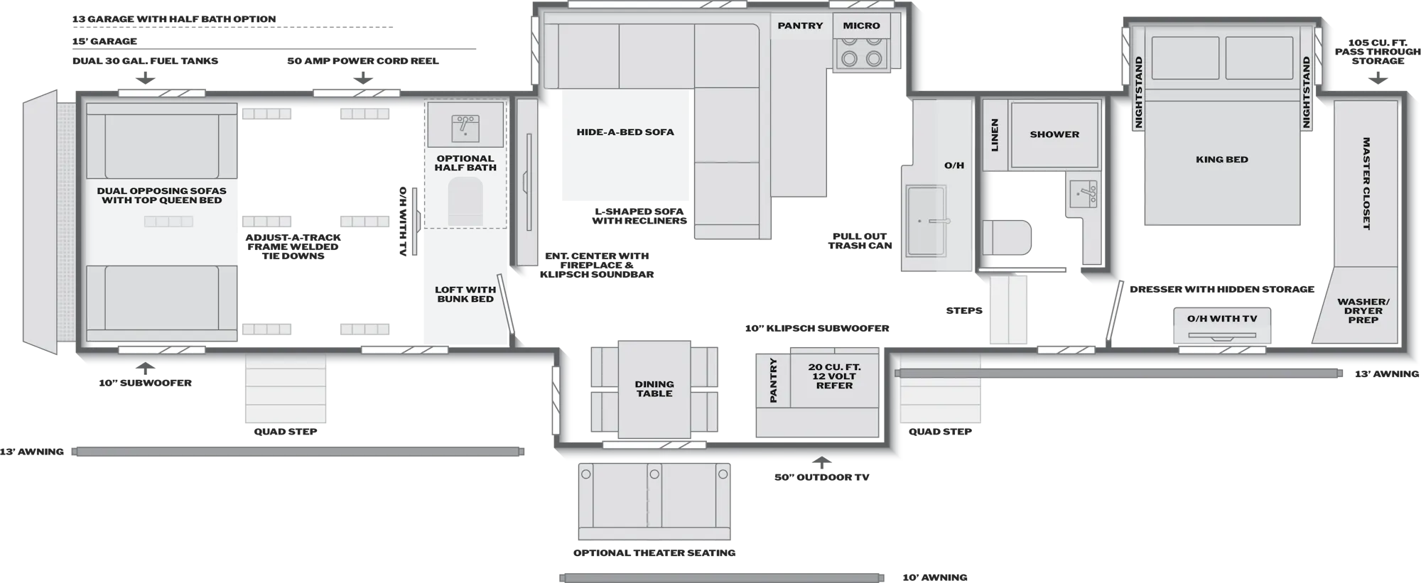 2027 Keystone Raptor 441 floor plan diagram — Toy Hauler, sleeps 8