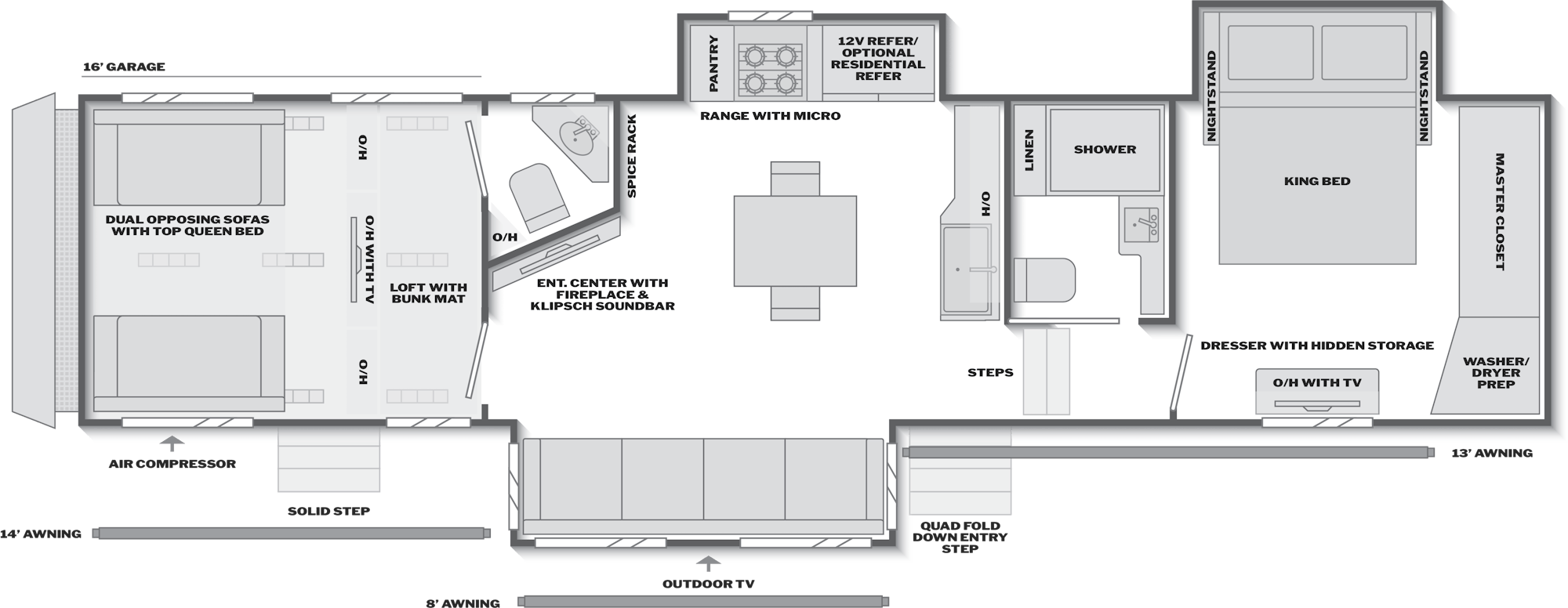 2027 Keystone Fuzion 419 floor plan diagram — Toy Hauler, sleeps 8
