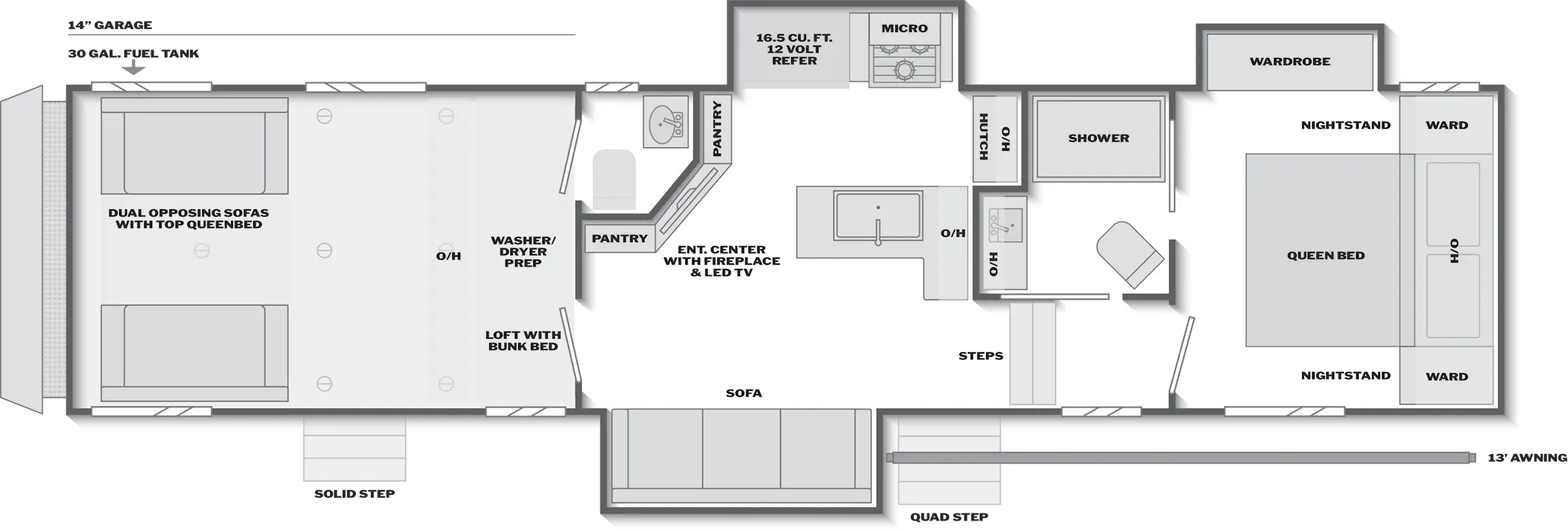 2027 Keystone Fuzion Impact Edition 367 floor plan diagram — Toy Hauler, sleeps 8