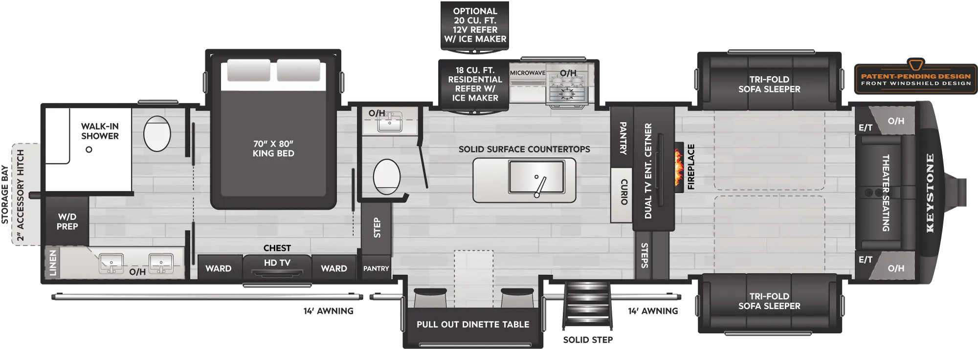 2027 Keystone Alpine 3710FL floor plan diagram — Front Living, sleeps 6