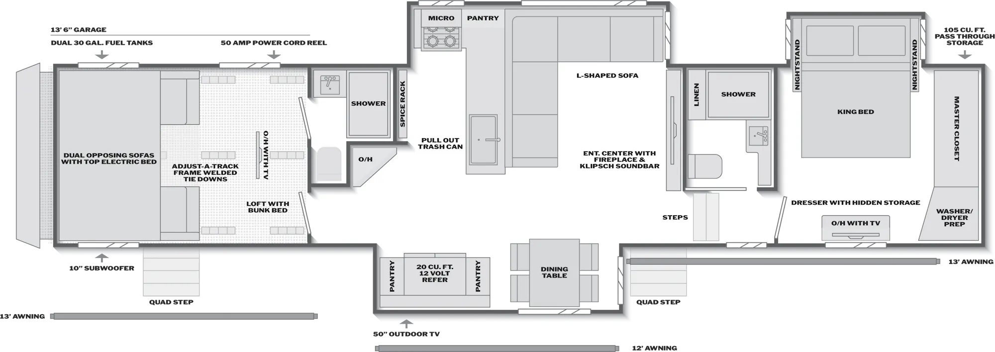 2027 Keystone Raptor 433 floor plan diagram — Toy Hauler, sleeps 7