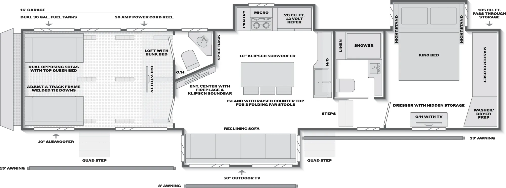 2027 Keystone Raptor 415 floor plan diagram — Toy Hauler, sleeps 7