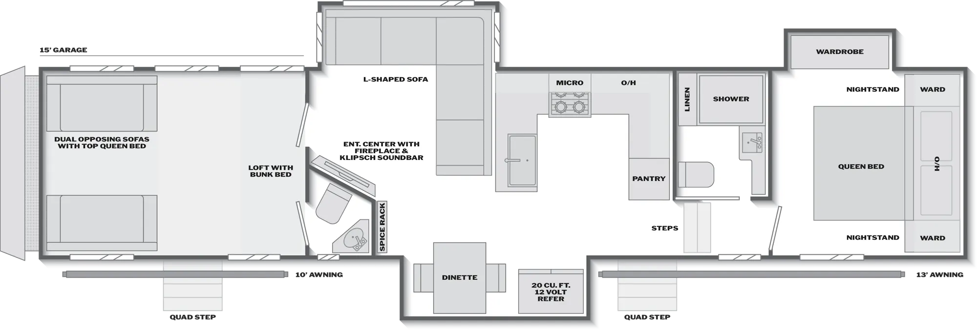 2027 Keystone Fuzion Impact Edition 418 floor plan diagram — Toy Hauler, sleeps 8