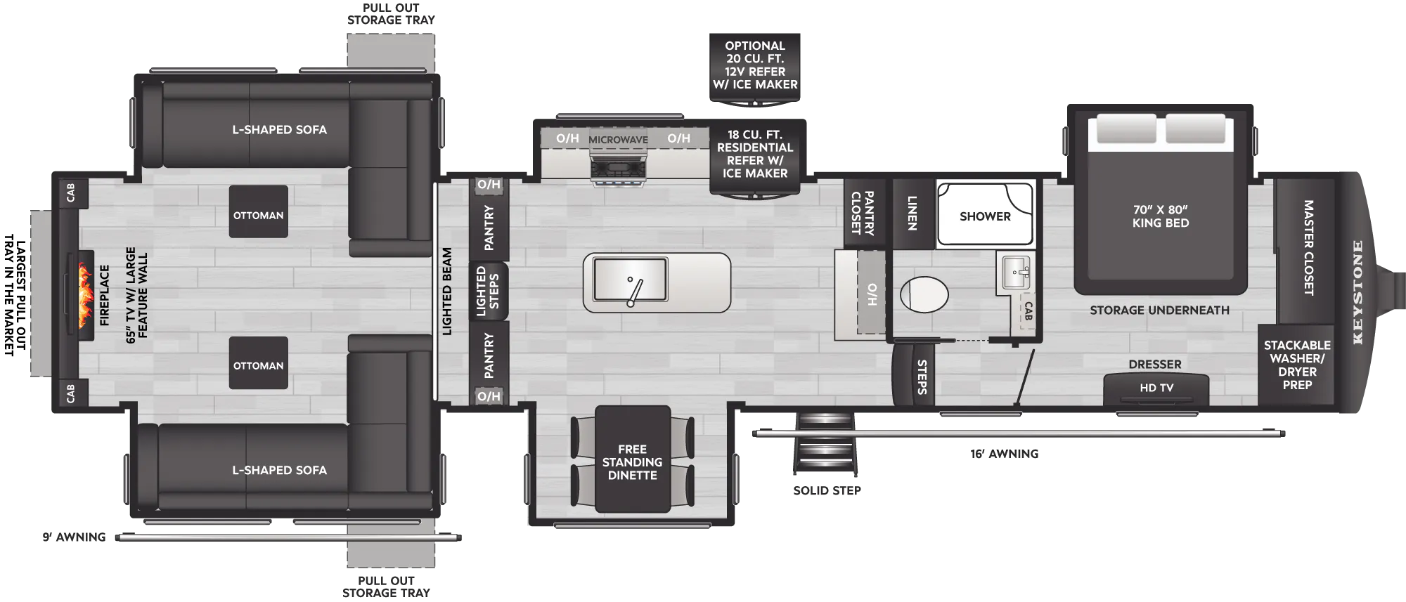 2027 Keystone Alpine Avalanche Edition 381DL floor plan diagram — Rear Living, sleeps 6