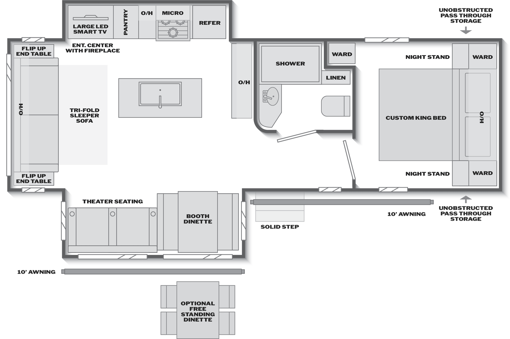 2027 Keystone Bullet Crossfire 287RLS floor plan diagram — Rear Living, sleeps 5