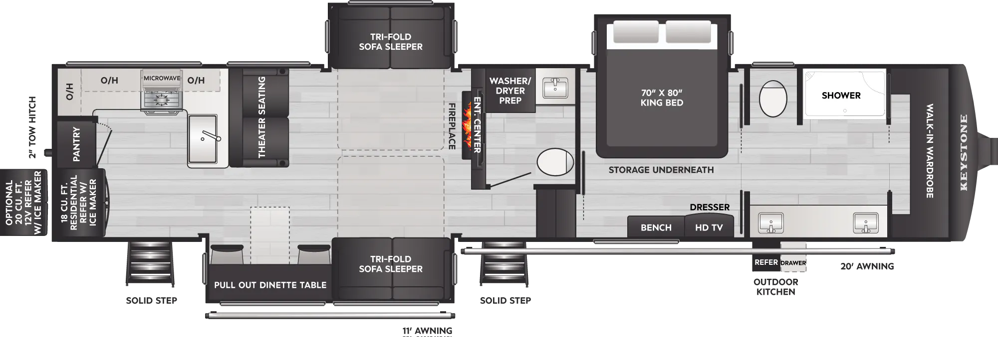 2027 Keystone Alpine 3910RK floor plan diagram — Rear Kitchen, sleeps 6
