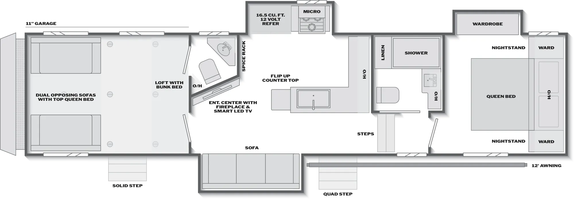 2027 Keystone Fuzion Impact Edition 337 floor plan diagram — Toy Hauler, sleeps 8