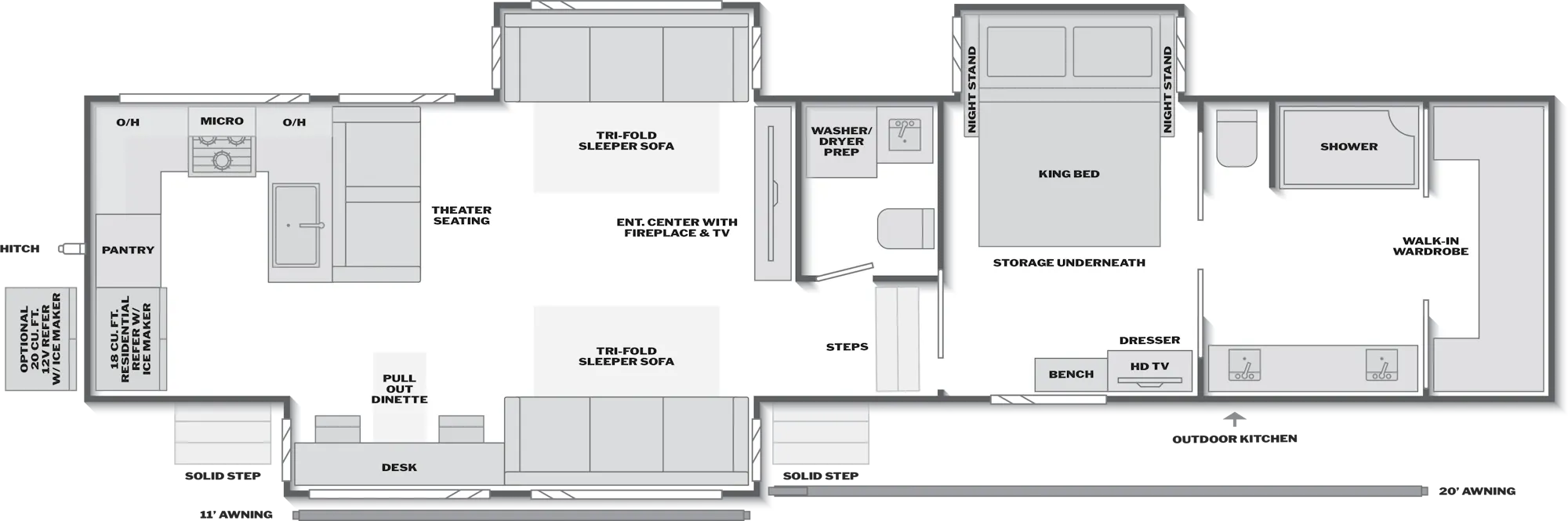 2027 Keystone Alpine 3910RK floor plan diagram — Rear Kitchen, sleeps 6