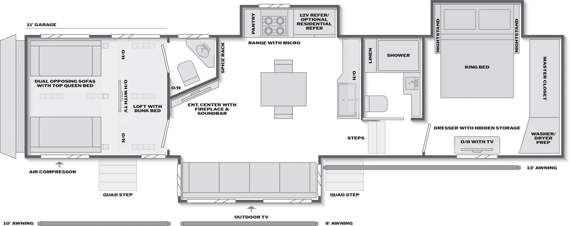 2027 Keystone Fuzion 373 floor plan diagram — Toy Hauler, sleeps 8