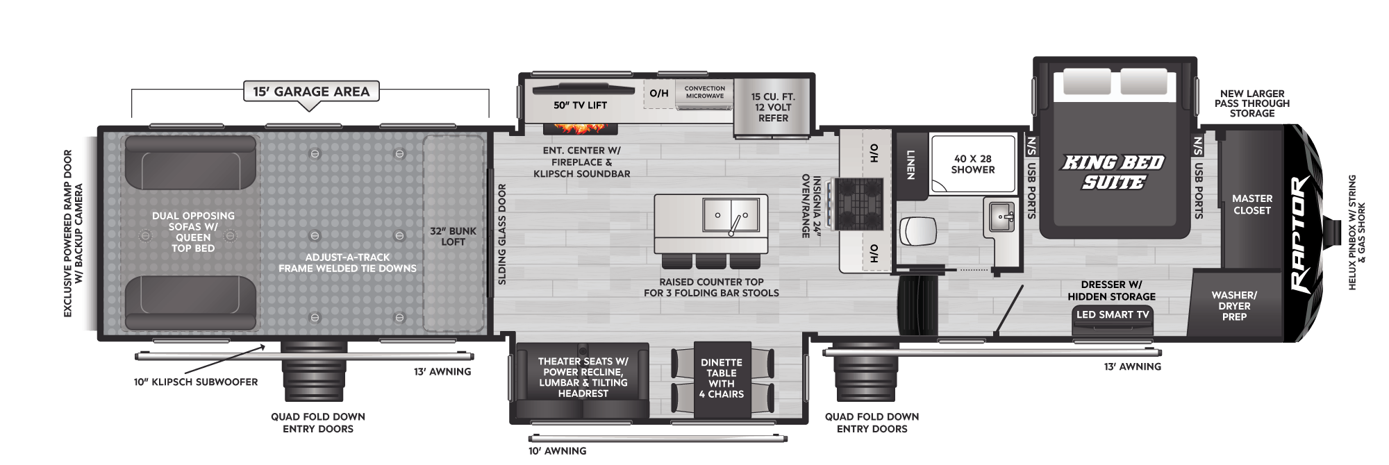 Raptor Toy Hauler Fifth Wheels - Model 430 Floorplan - Keystone RV
