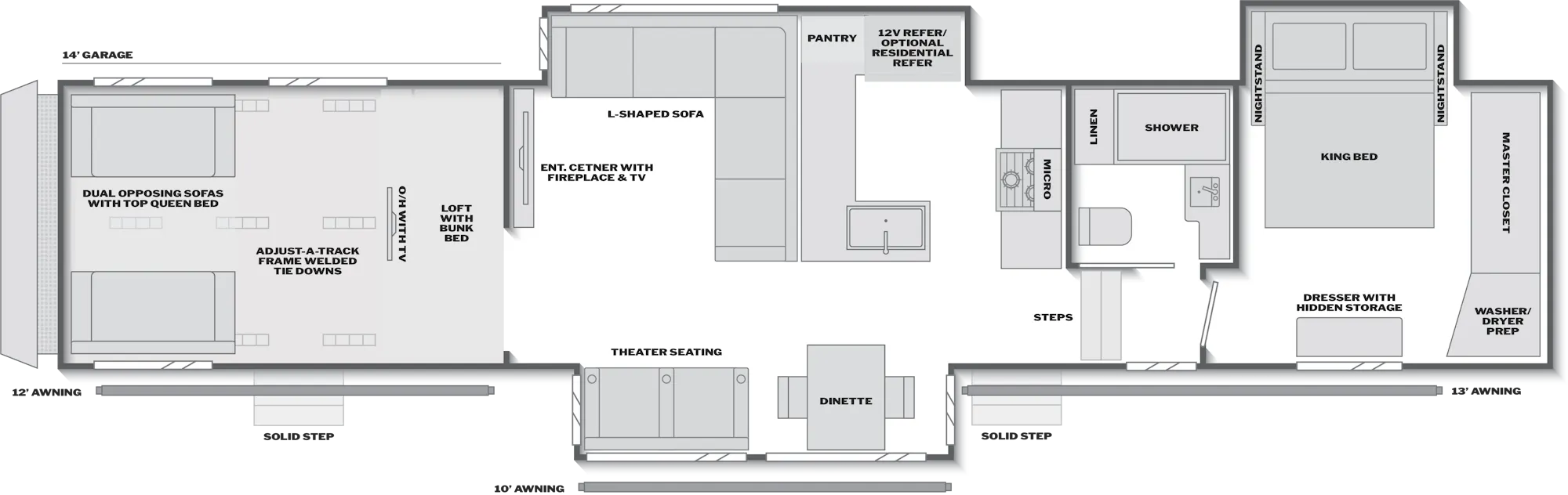 2027 Keystone Fuzion 440 floor plan diagram — Toy Hauler, sleeps 9