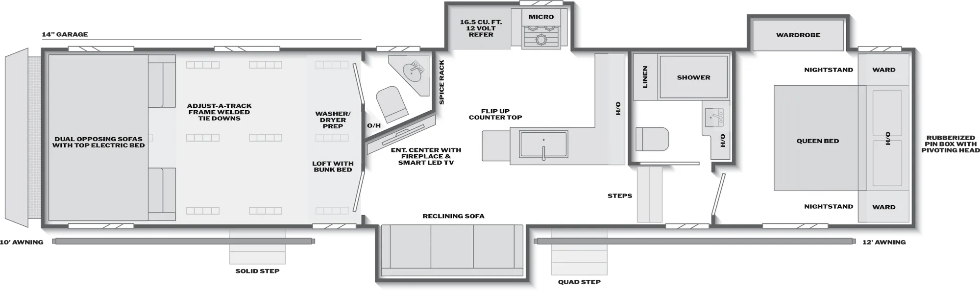 2027 Keystone Carbon 368 floor plan diagram — Toy Hauler, sleeps 7