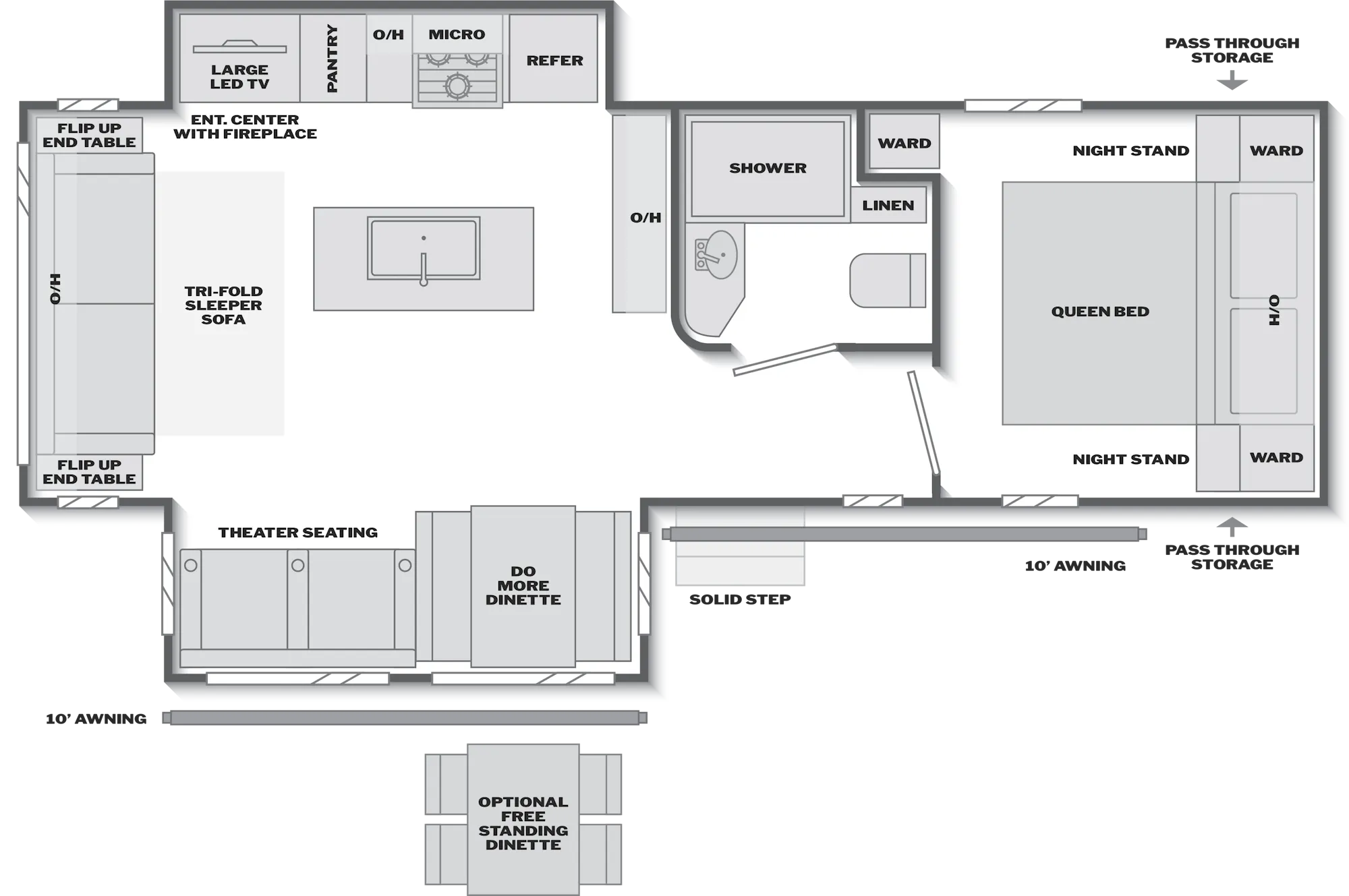 2027 Keystone Bullet Crossfire 287RLSWE floor plan diagram — Rear Living, sleeps 5