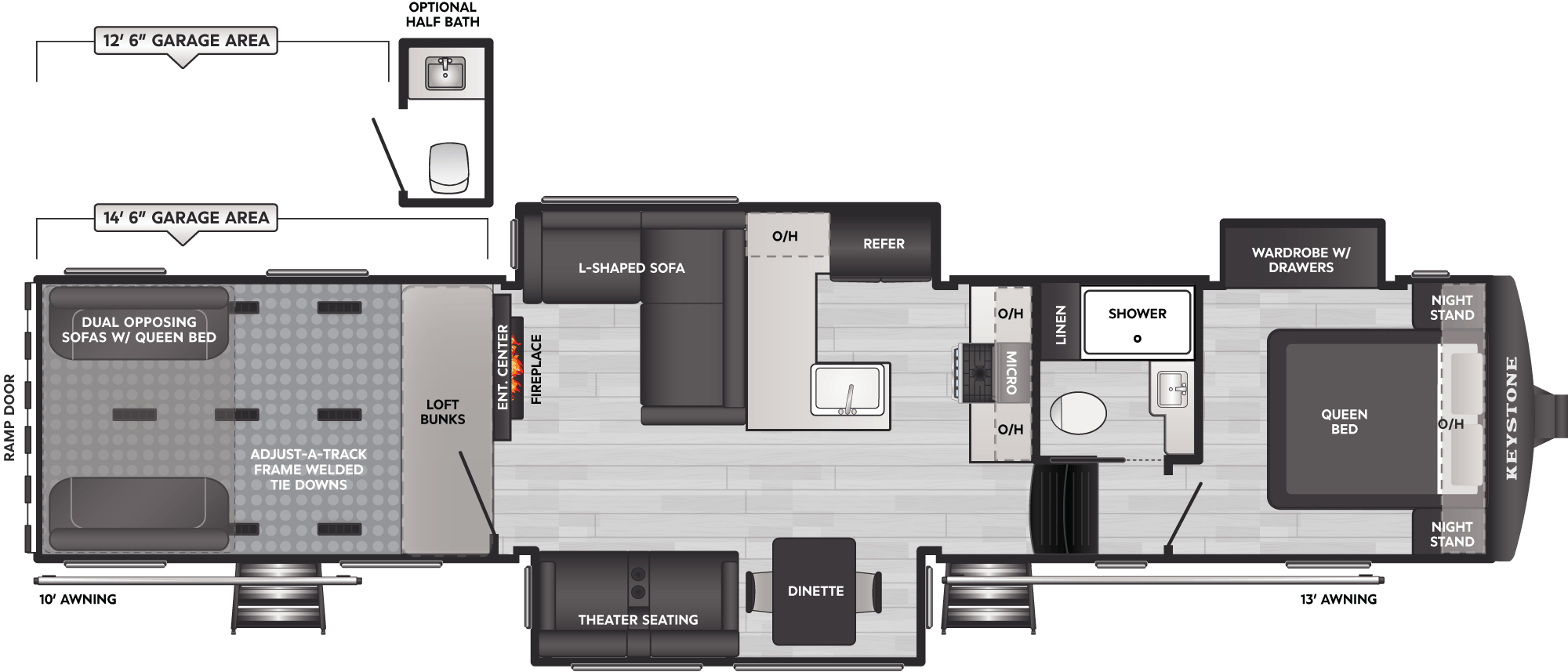 2027 Keystone Carbon 420 floor plan diagram — Toy Hauler, sleeps 7