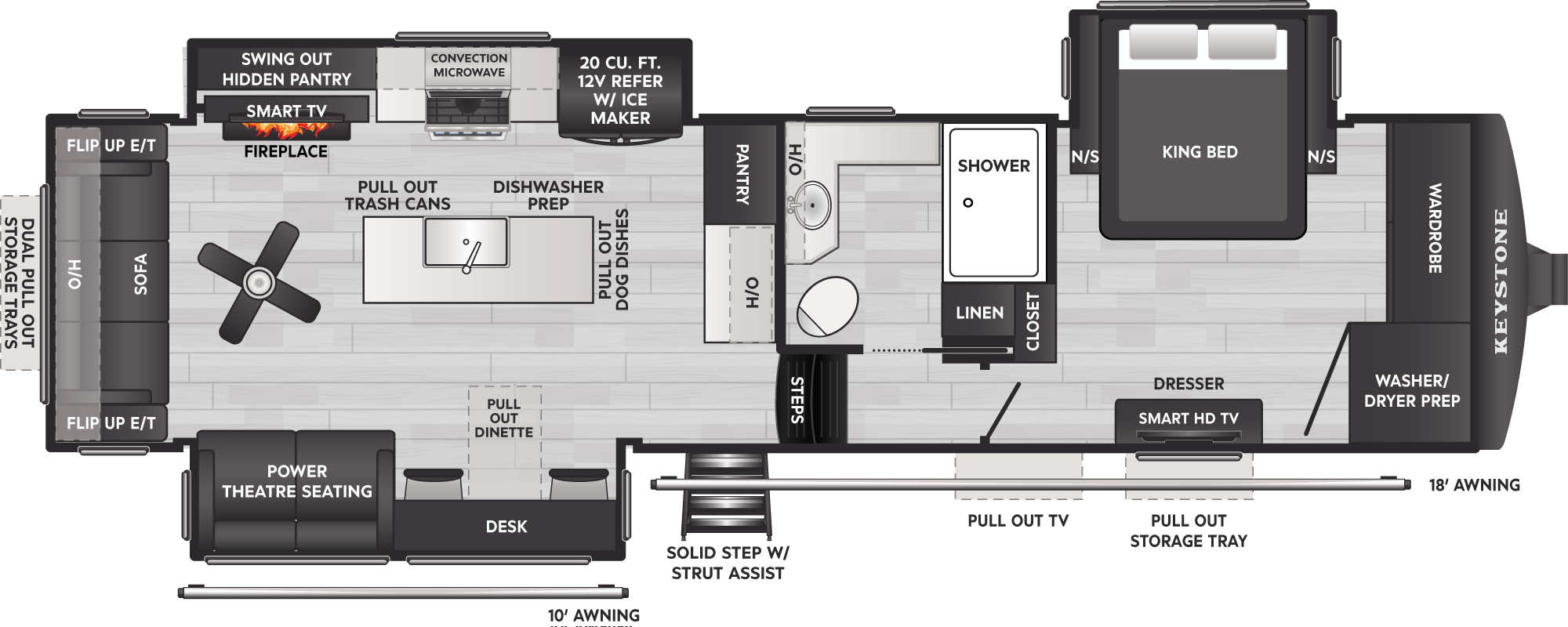 2027 Keystone Montana 3100RL floor plan diagram — Rear Living, sleeps 4
