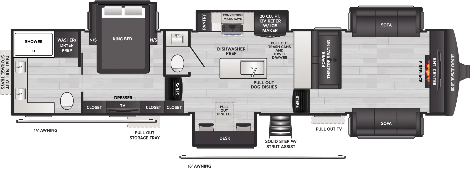 2027 Keystone Montana 3800FL floor plan diagram — Front Living, sleeps 4