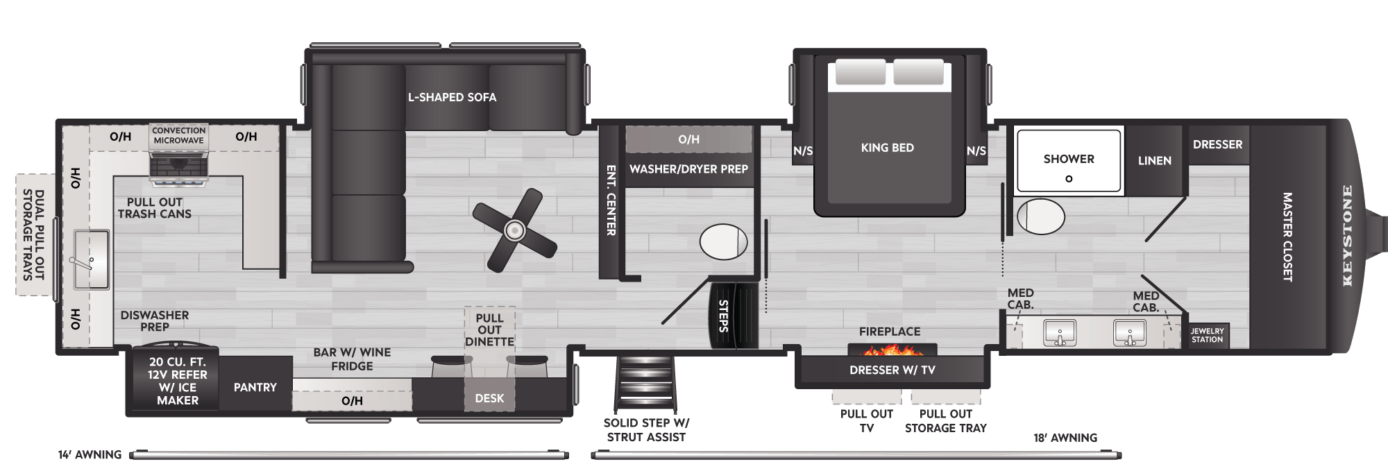 2027 Keystone Montana 3900RK floor plan diagram — Rear Kitchen, sleeps 6