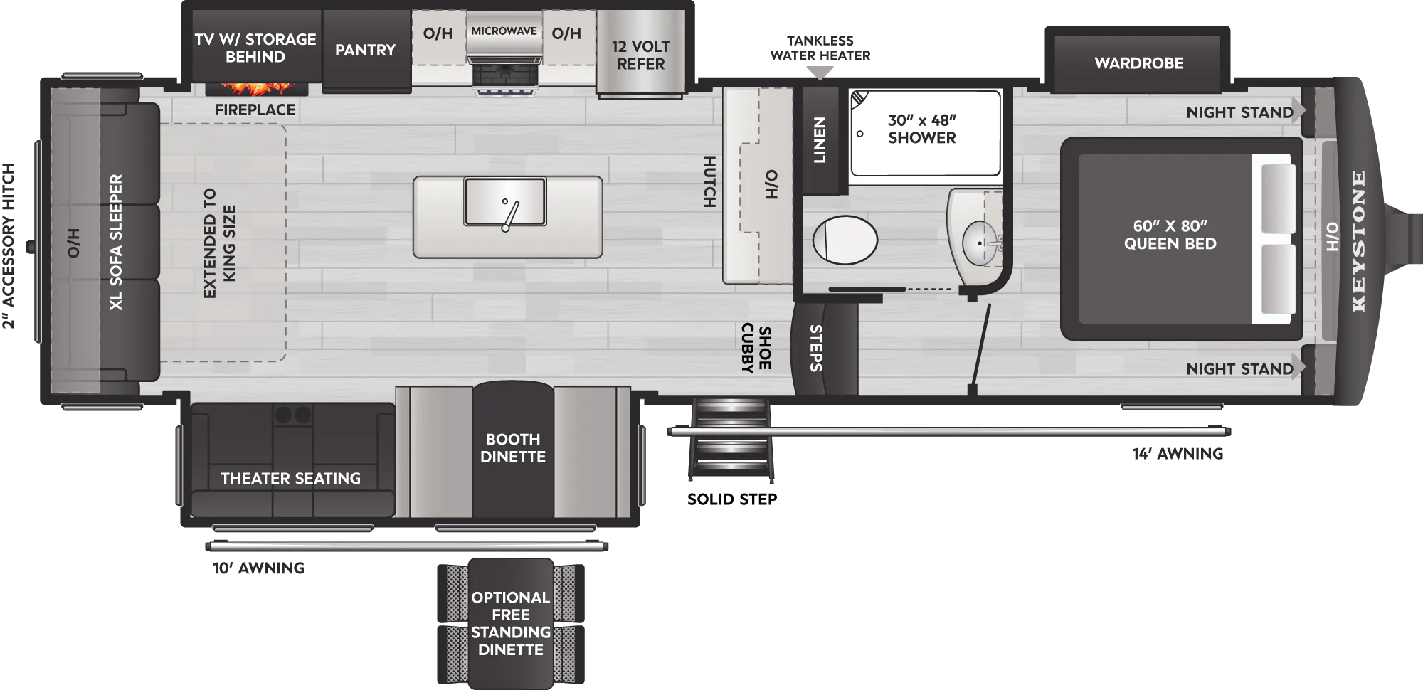 2027 Keystone Arcadia Super Lite 292SLRL floor plan diagram — Rear Living, sleeps 6