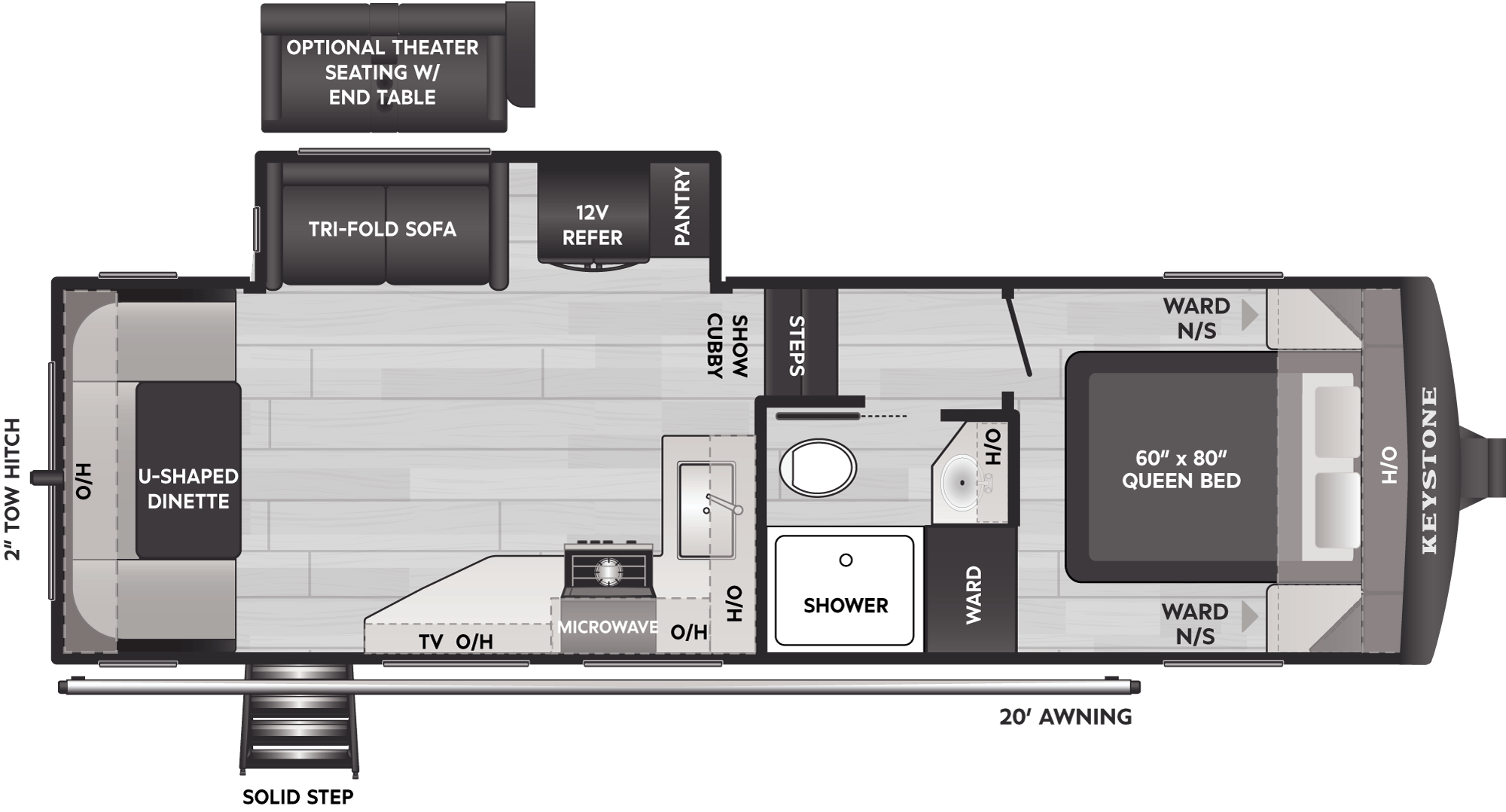 2027 Keystone Arcadia Select 25SRD floor plan diagram — Rear Living, sleeps 5