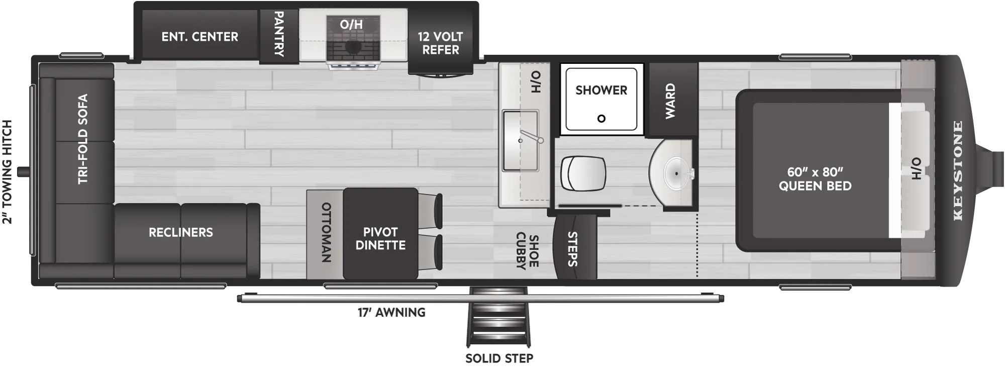 2027 Keystone Arcadia Select 28SLS floor plan diagram — Rear Living, sleeps 4