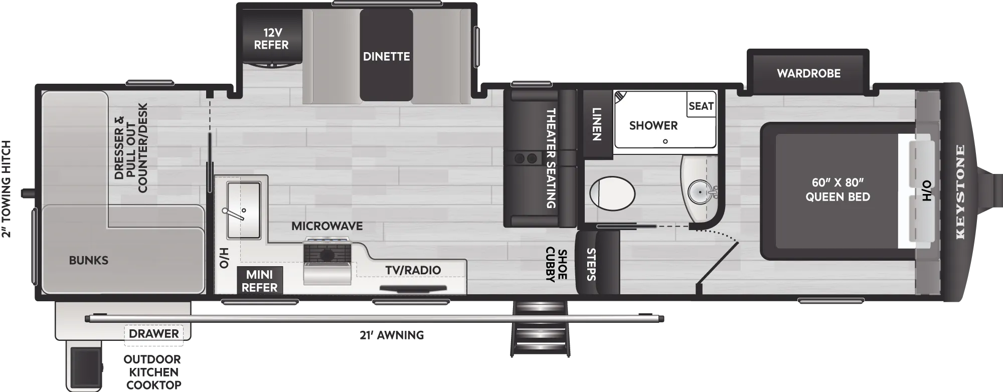 2027 Keystone Arcadia Super Lite 308SLBH floor plan diagram — Bunk House, sleeps 8