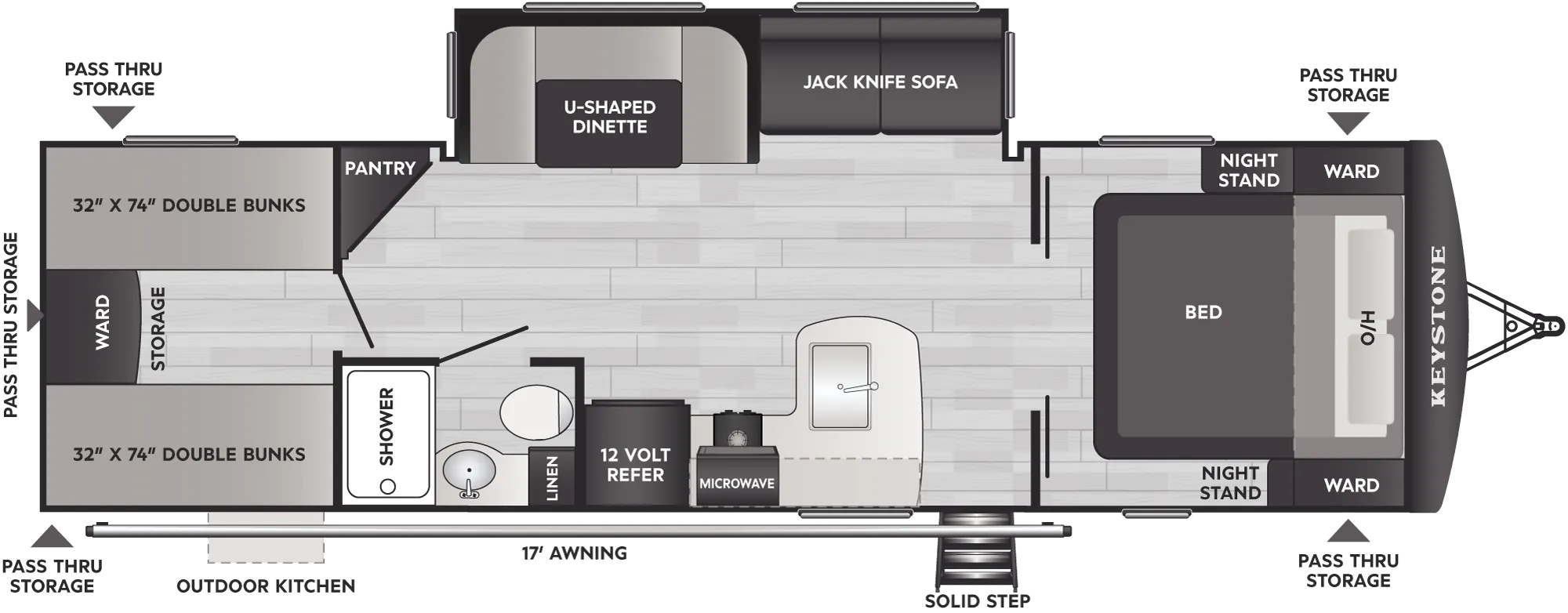 2027 Keystone Bullet Classic 28QBC floor plan diagram — Bunk House, sleeps 10