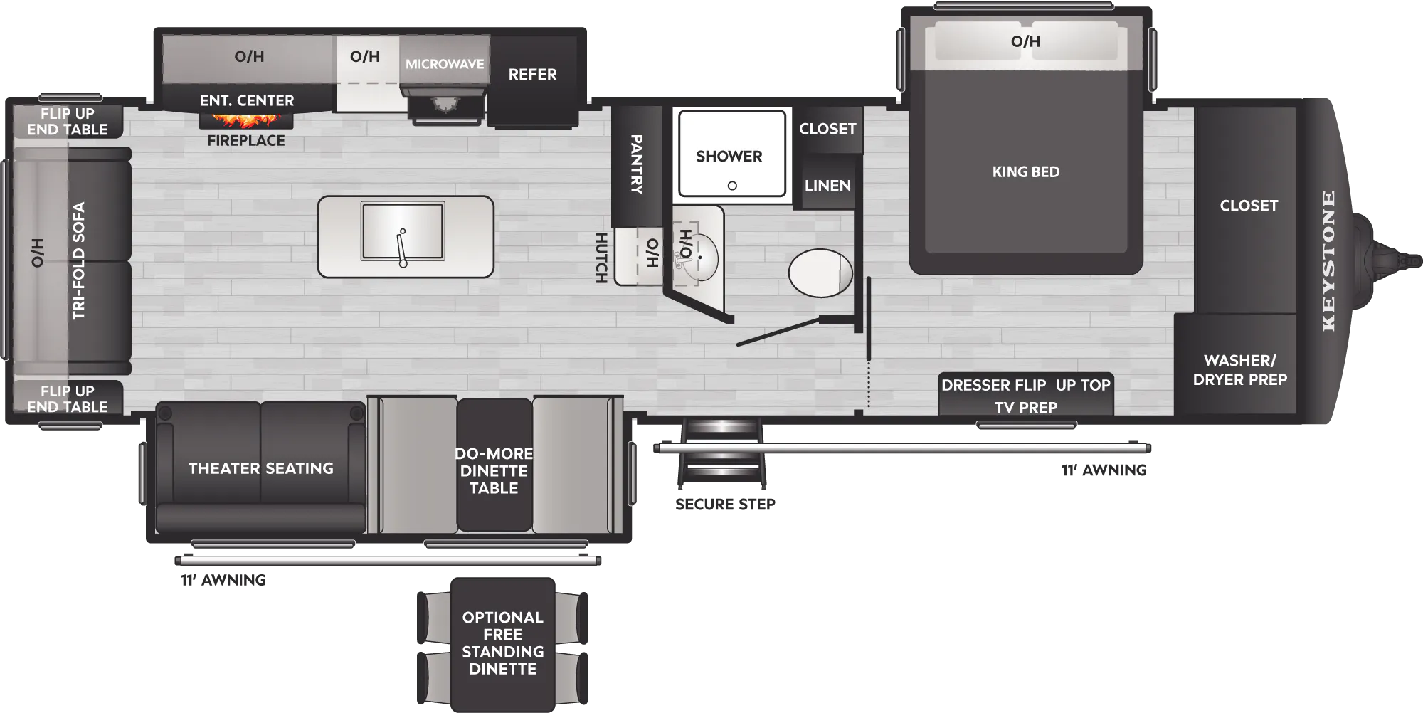 2027 Keystone Passport Super Lite 3100RE floor plan diagram — Rear Living, sleeps 5