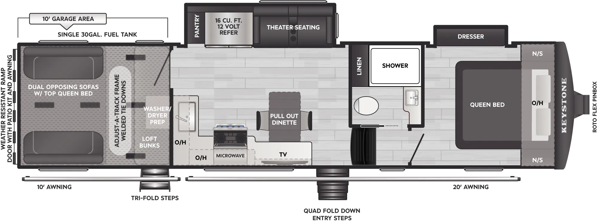 2027 Keystone Carbon 330 floor plan diagram — Toy Hauler, sleeps 6