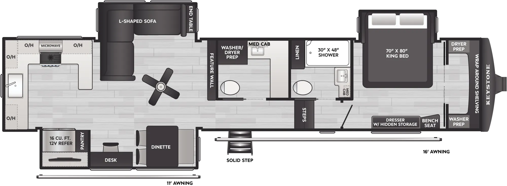 2027 Keystone Arcadia 3850RK floor plan diagram — Rear Kitchen, sleeps 4