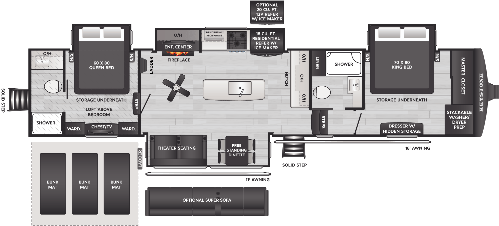 2027 Keystone Alpine Avalanche Edition 390DS floor plan diagram — Bunk House, sleeps 8