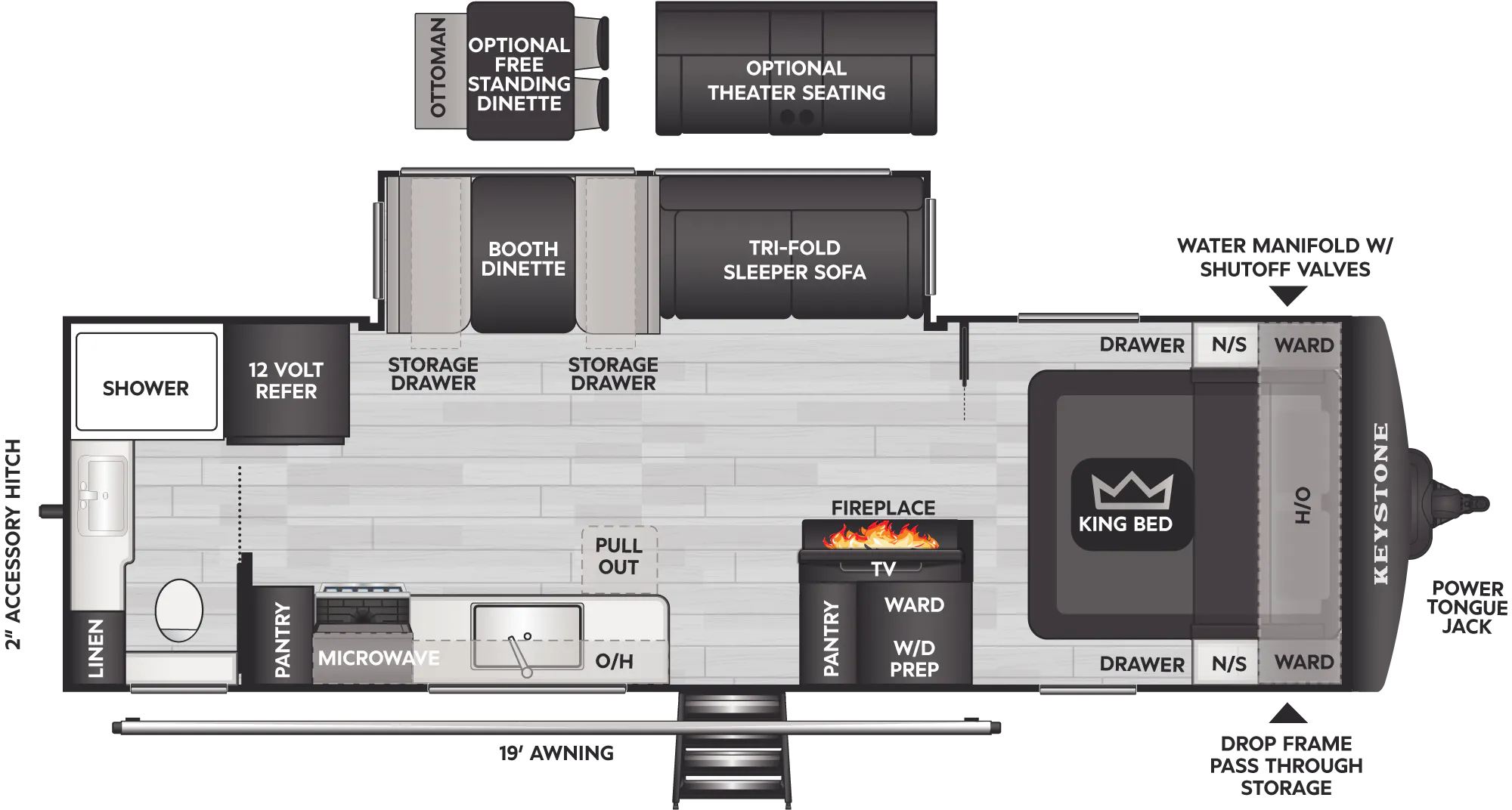 2027 Keystone Cougar Western Elevation 26LBWE floor plan diagram — Travel Trailer, sleeps 6