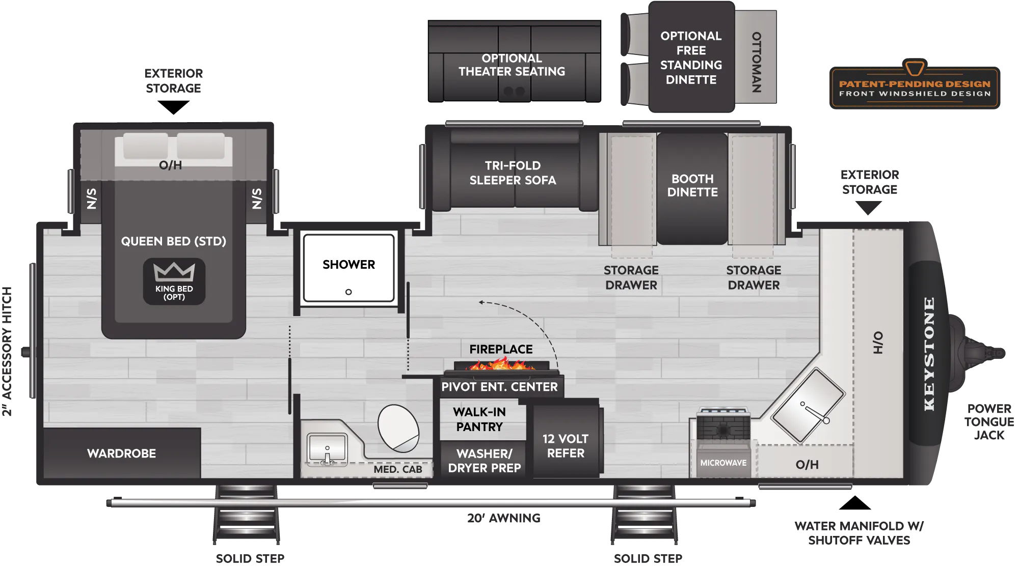 2027 Keystone Cougar Western Elevation 25FKWE floor plan diagram — Travel Trailer, sleeps 6