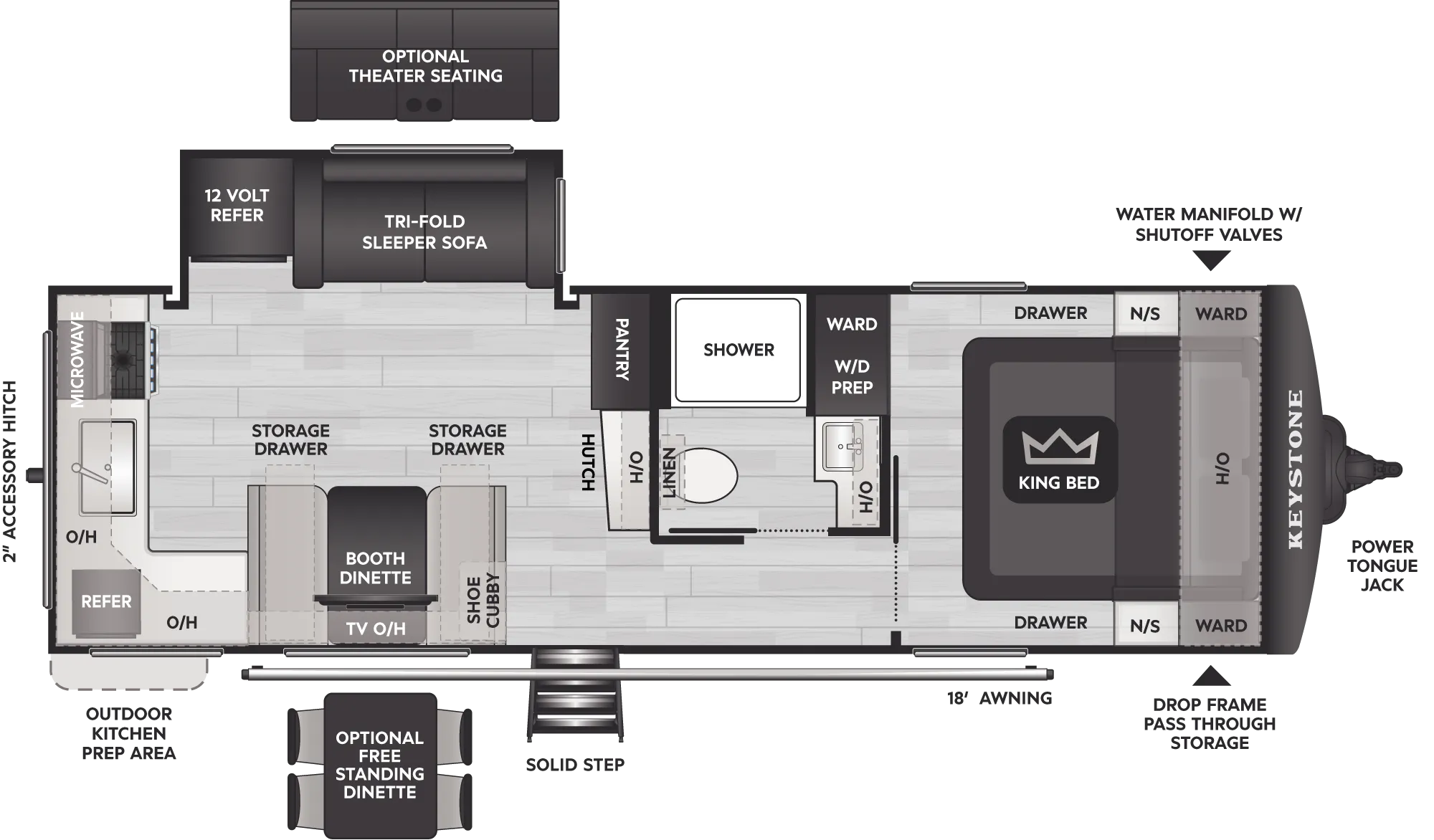 2027 Keystone Cougar Western Elevation 25MLWE floor plan diagram — Rear Kitchen, sleeps 6