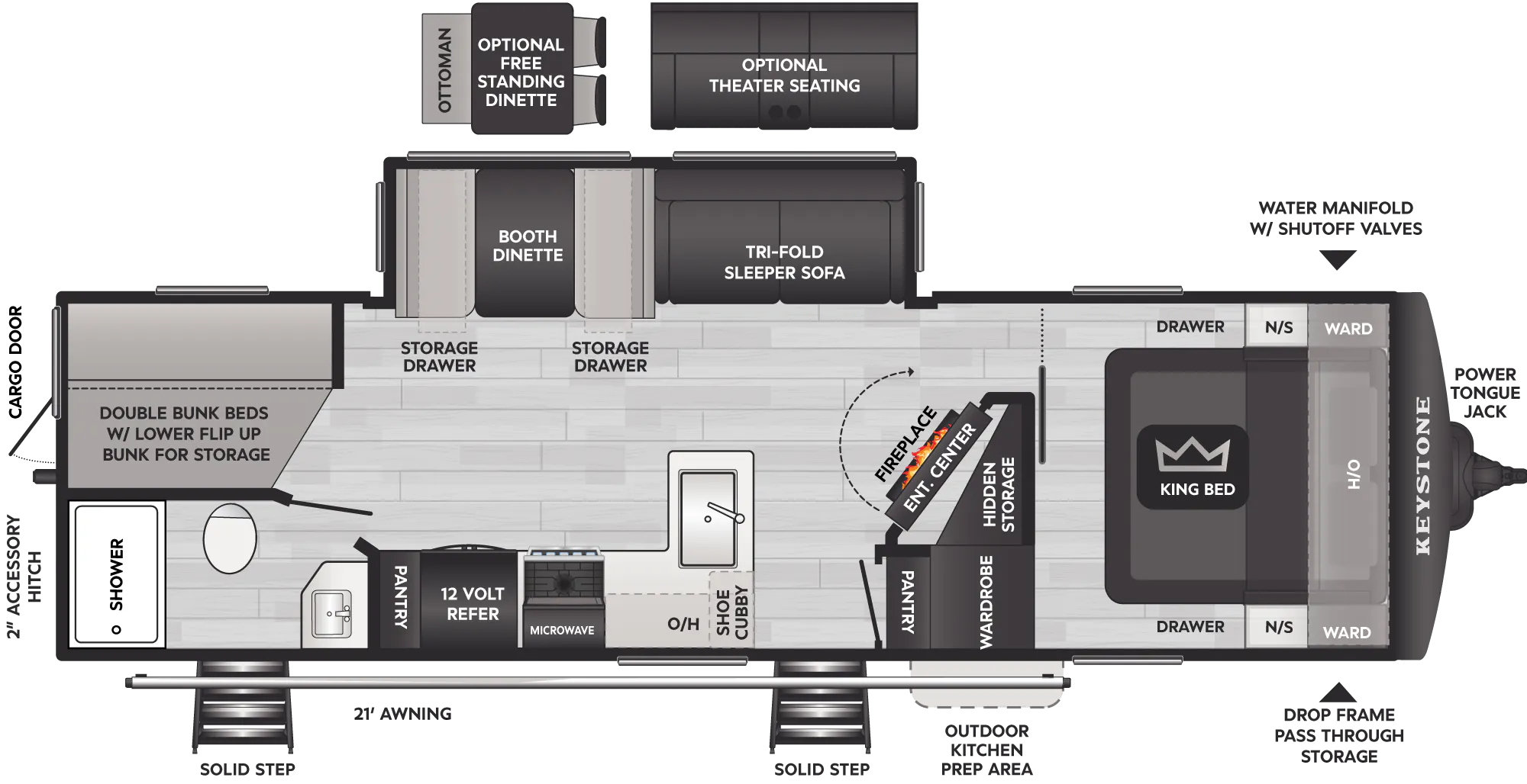 2027 Keystone Cougar Western Elevation 28BHWE floor plan diagram — Bunk House, sleeps 10