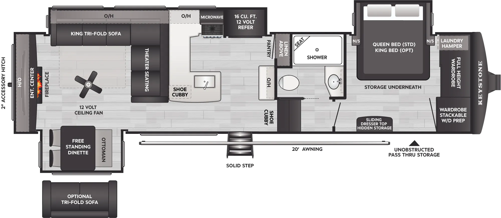 2027 Keystone Cougar 320RDS floor plan diagram — Rear Living, sleeps 6