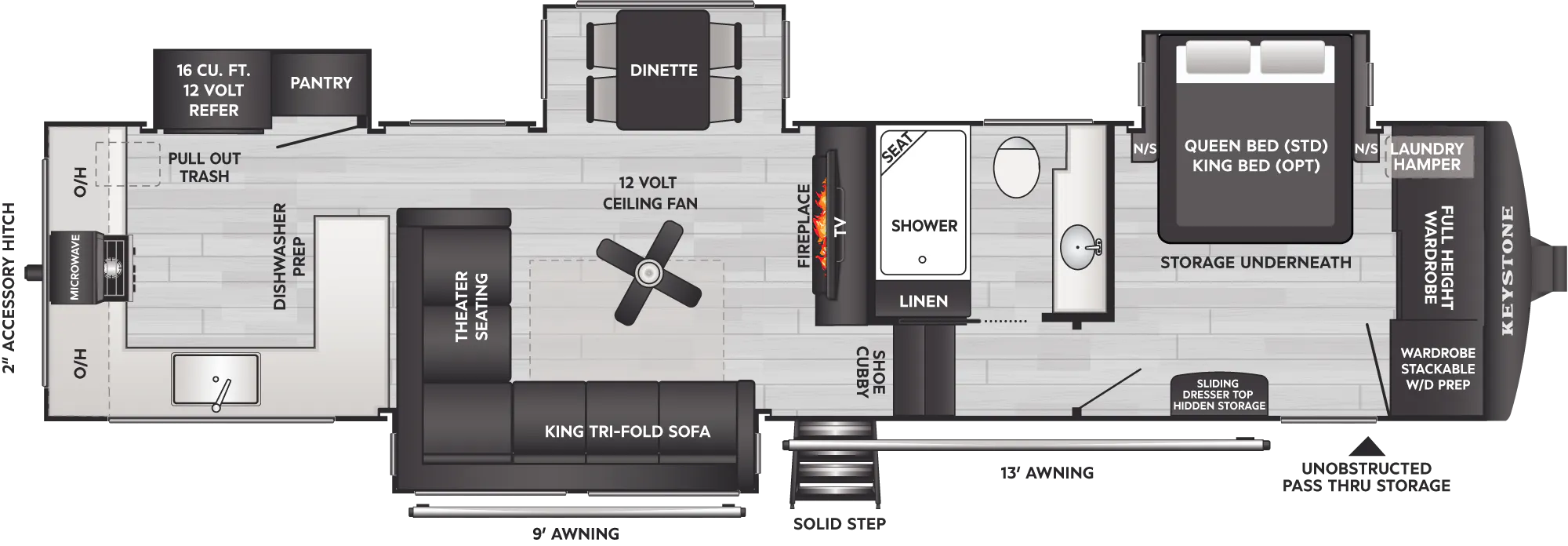 2027 Keystone Cougar 350LLK floor plan diagram — Rear Kitchen, sleeps 4