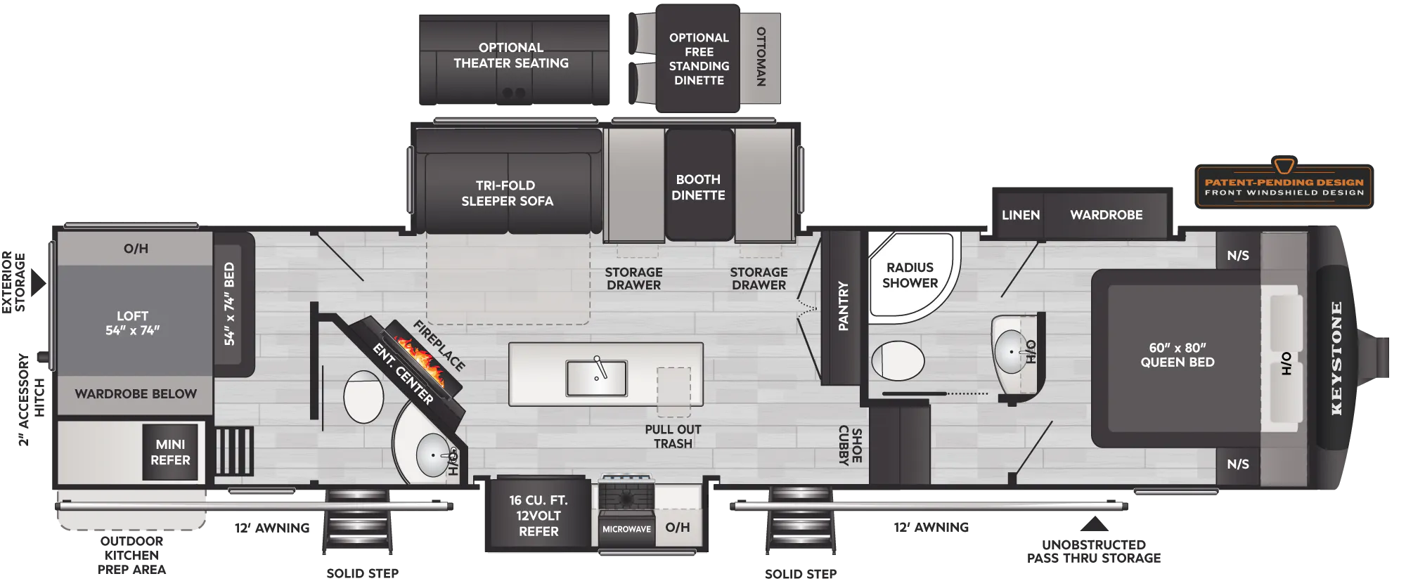 2027 Keystone Cougar 364BHL floor plan diagram — Rear Bedroom, sleeps 10
