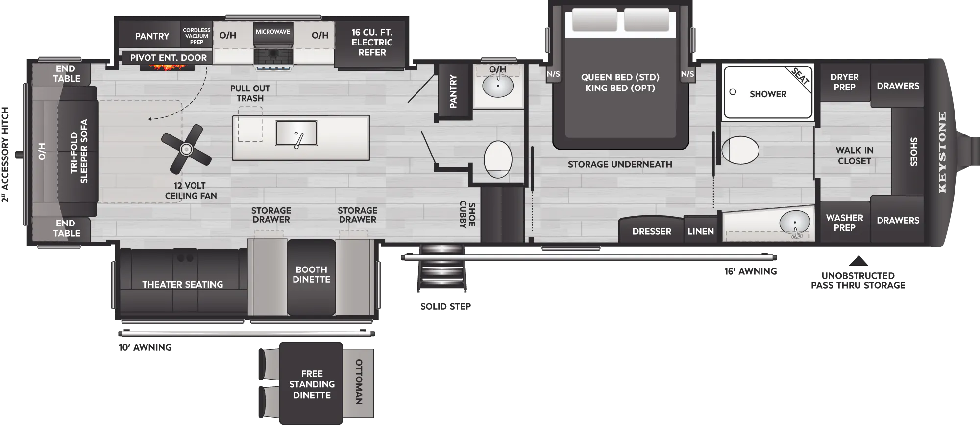 2027 Keystone Cougar 355FBS floor plan diagram — Rear Living, sleeps 6
